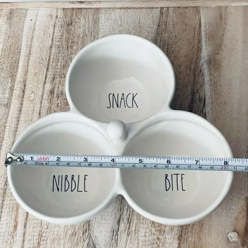 NWT Gorgeous Rae Dunn white Ceramic set of 3 attached bowls SNACK BITE NIBBLE